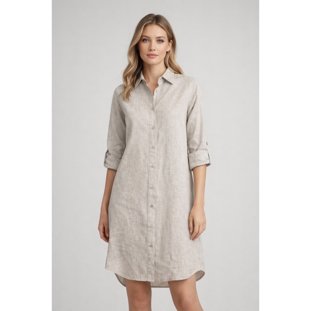Karen Kane Dress 100% Linen Oatmeal Roll Tab Sleeve Button Front Shirt ‎ Small